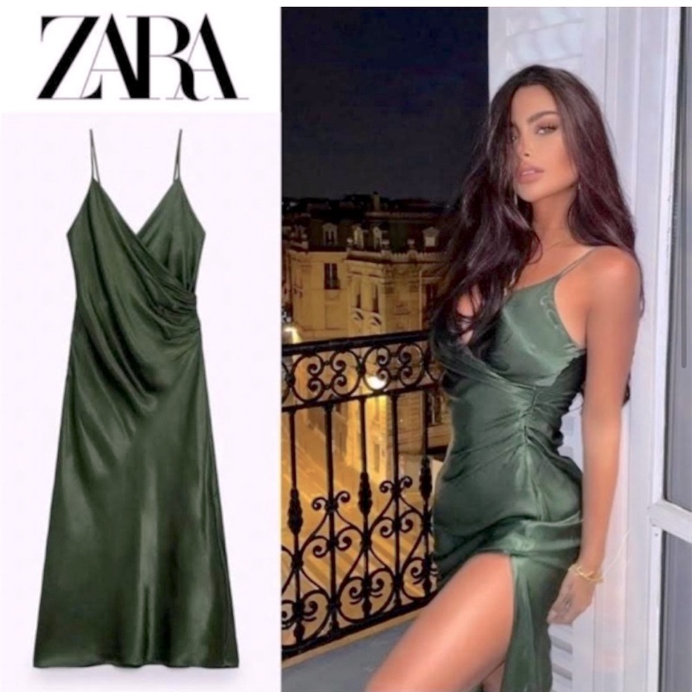 Zara green satin wrap dress formal